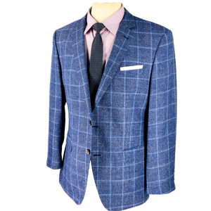 44R Hugo Boss Hutsons 4 Mens 2 Button Linen Wool Blazer Sport Coat Blue W/Pane